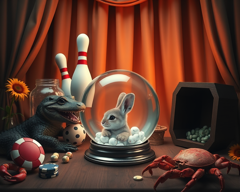 bowling ball, crystal ball, curtain, alligator, jar, bunny, poker chip, cub, shark, panther, sunflower, crab, coffin